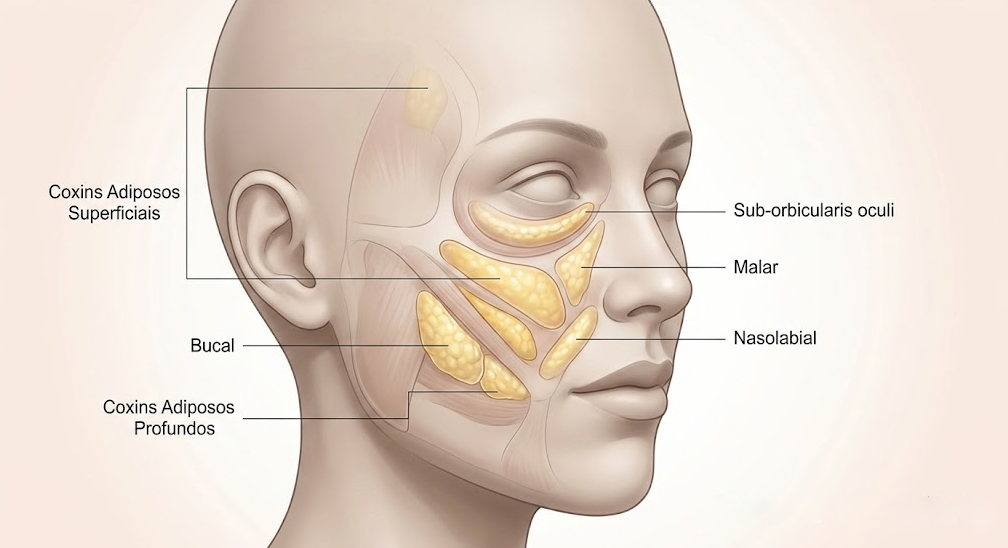 Compartimentos faciais de gordura em diagrama técnico